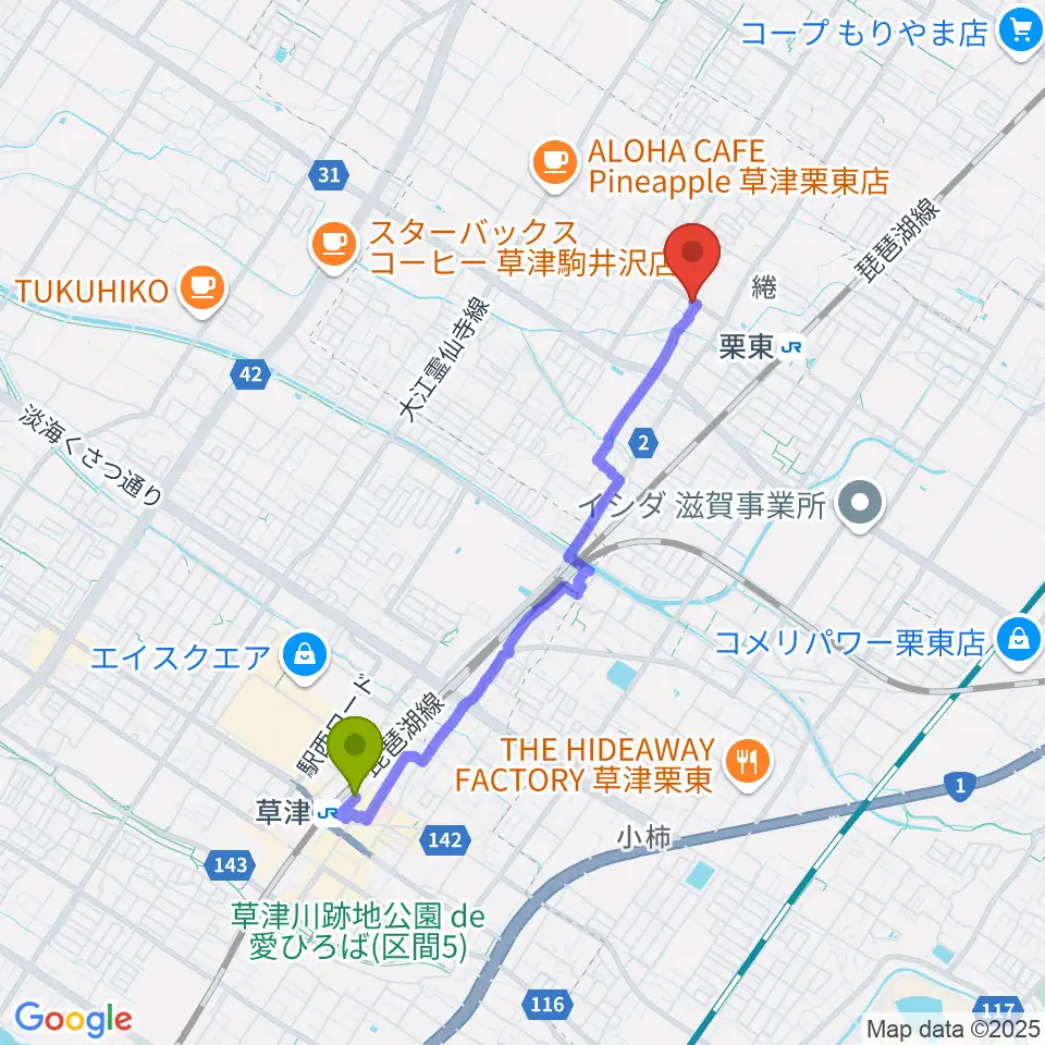 草津駅からロマン楽器 ユニスタイル栗東へのルートマップ地図