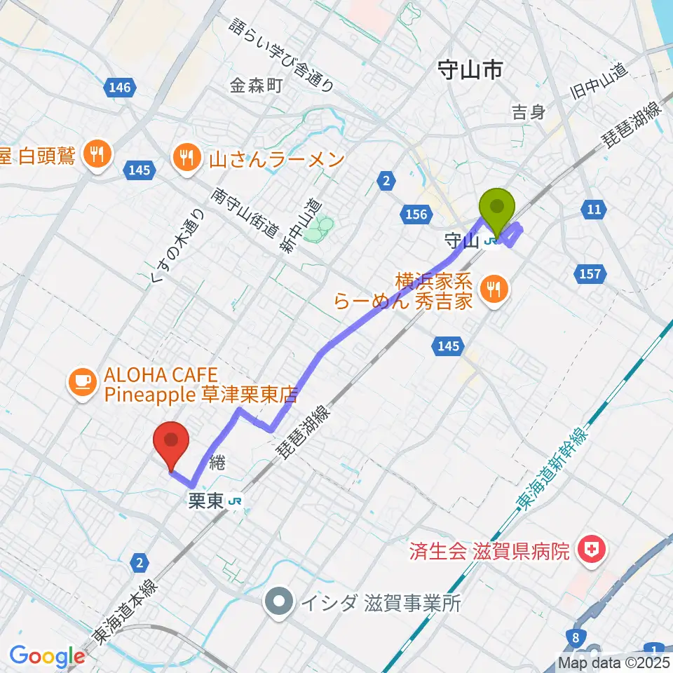 守山駅からロマン楽器 ユニスタイル栗東へのルートマップ地図