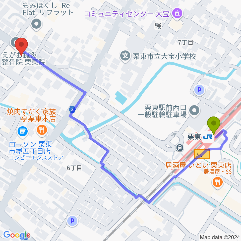 ロマン楽器 ユニスタイル栗東の最寄駅栗東駅からの徒歩ルート（約7分）地図