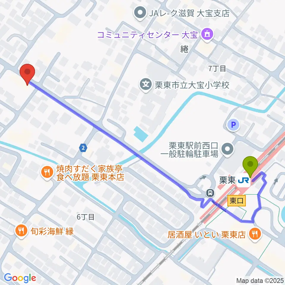 ロマン楽器 ユニスタイル栗東の最寄駅栗東駅からの徒歩ルート（約7分）地図