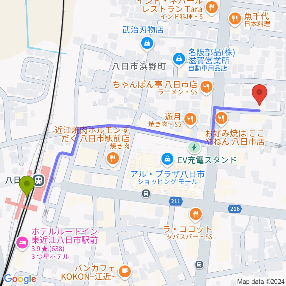 昭和堂楽器 八日市センター教室の最寄駅八日市駅からの徒歩ルート（約7分）地図