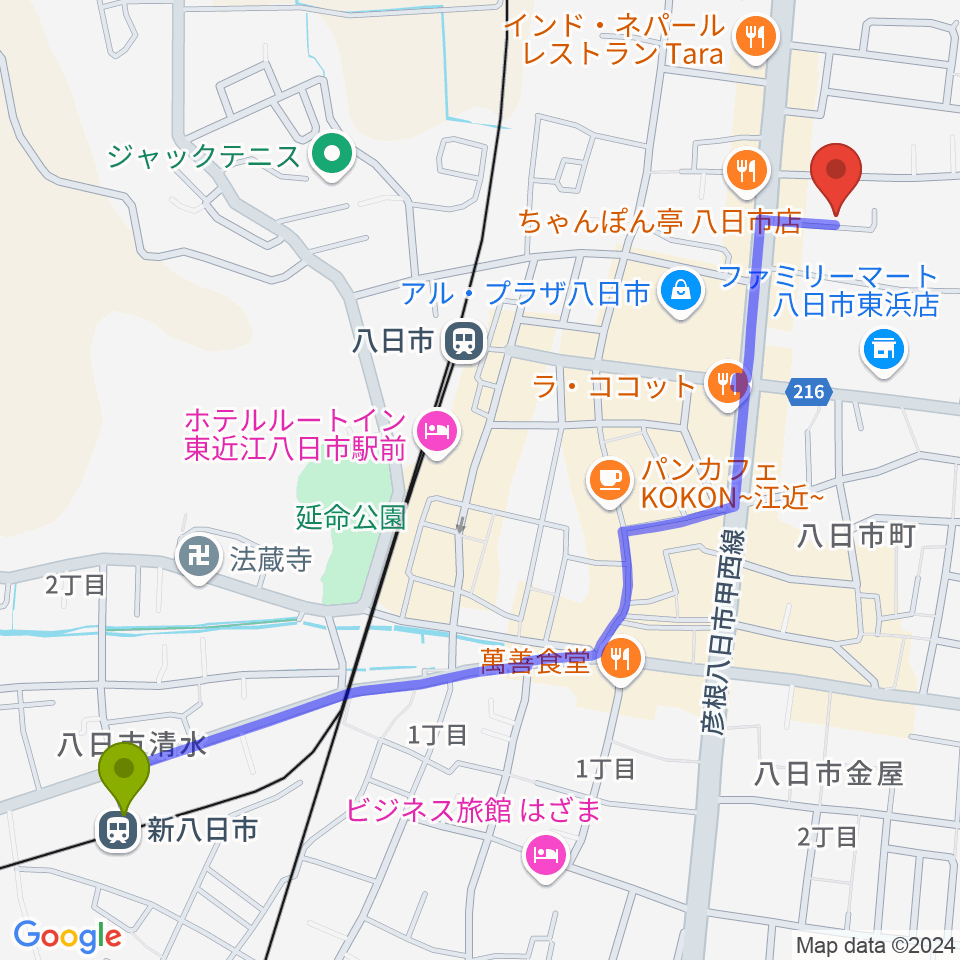 新八日市駅から昭和堂楽器 八日市センター教室へのルートマップ地図