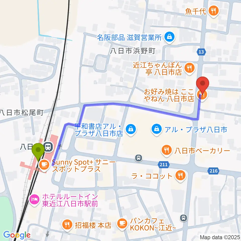 昭和堂楽器の最寄駅八日市駅からの徒歩ルート（約6分）地図