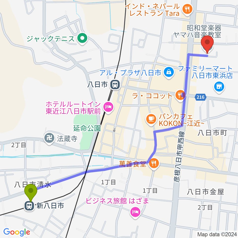 新八日市駅から昭和堂楽器へのルートマップ地図