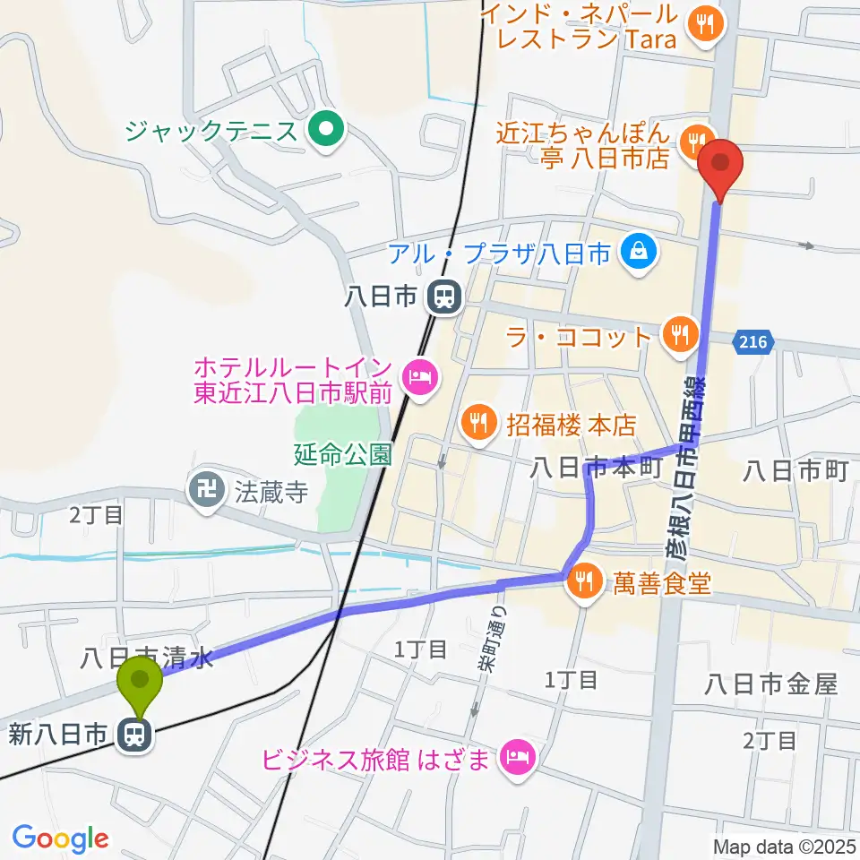 新八日市駅から昭和堂楽器へのルートマップ地図