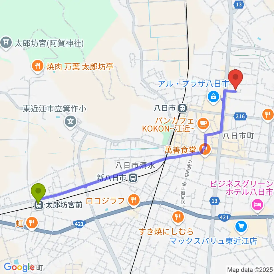 太郎坊宮前駅から昭和堂楽器へのルートマップ地図