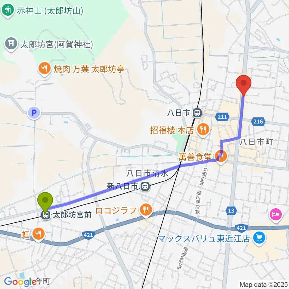 太郎坊宮前駅から昭和堂楽器へのルートマップ地図