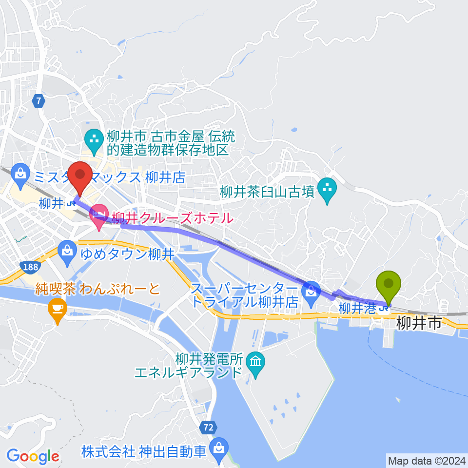 柳井港駅からふちだ楽器店 柳井音楽センターへのルートマップ地図