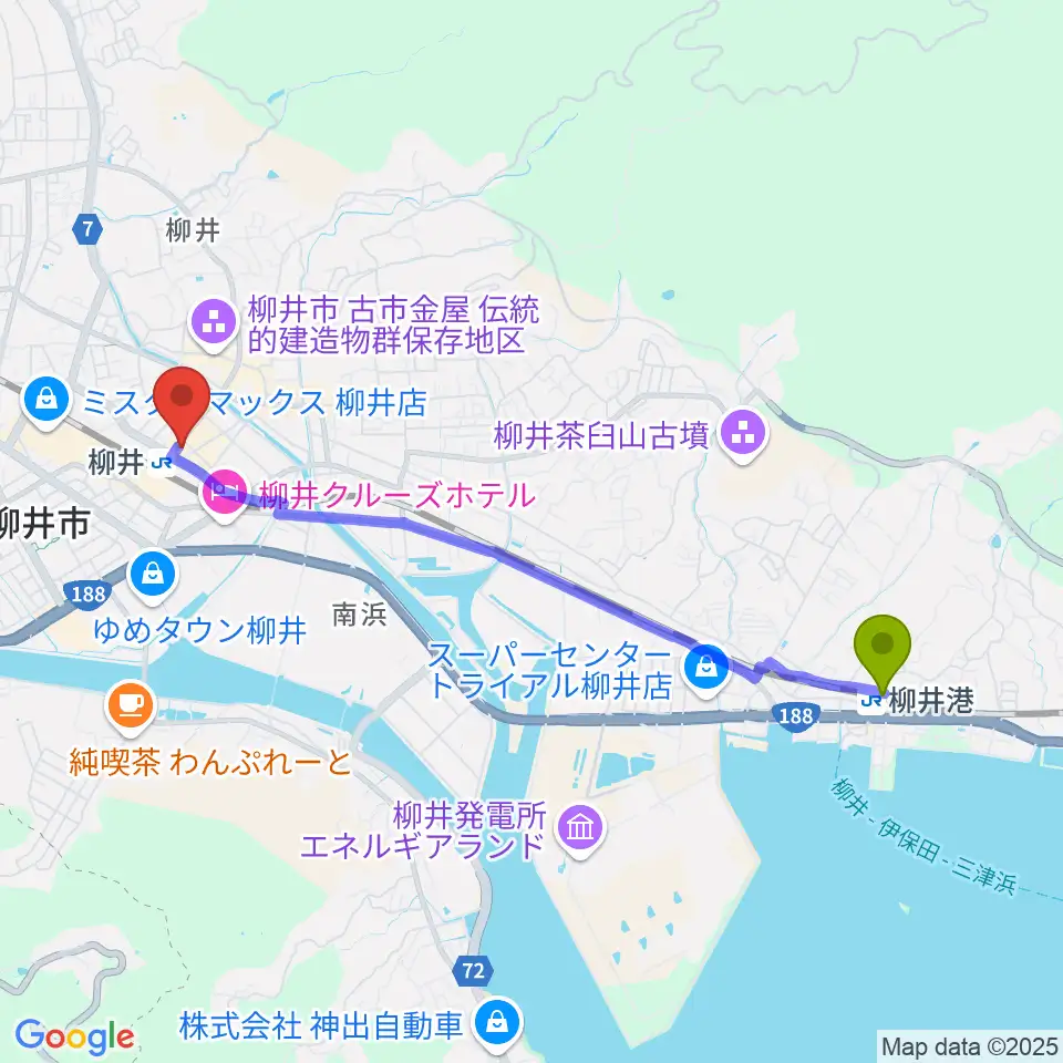 柳井港駅からふちだ楽器店 柳井音楽センターへのルートマップ地図