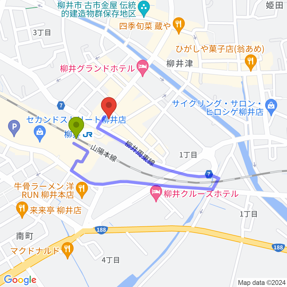 ふちだ楽器店 柳井音楽センターの最寄駅柳井駅からの徒歩ルート（約2分）地図