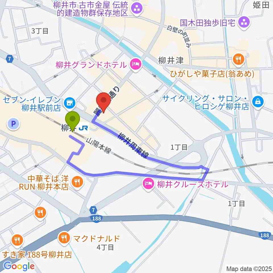 ふちだ楽器店 柳井音楽センターの最寄駅柳井駅からの徒歩ルート（約2分）地図