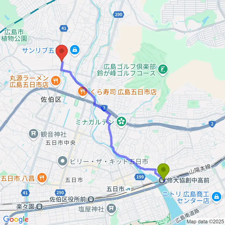 修大協創中高前駅からふちだ楽器店 八幡センターへのルートマップ地図