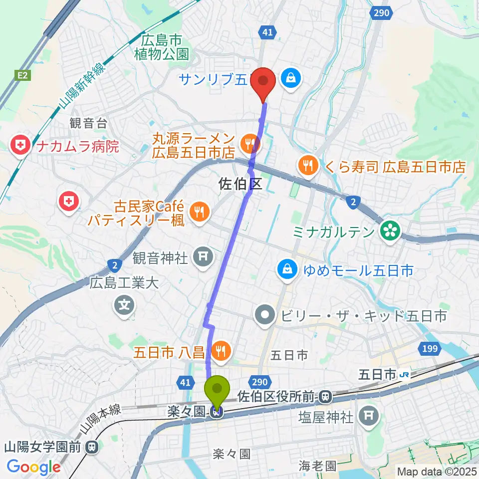 楽々園駅からふちだ楽器店 八幡センターへのルートマップ地図