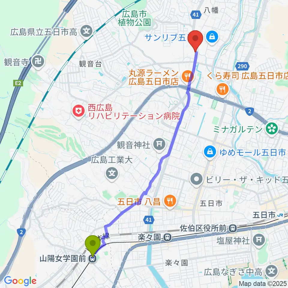 山陽女学園前駅からふちだ楽器店 八幡センターへのルートマップ地図