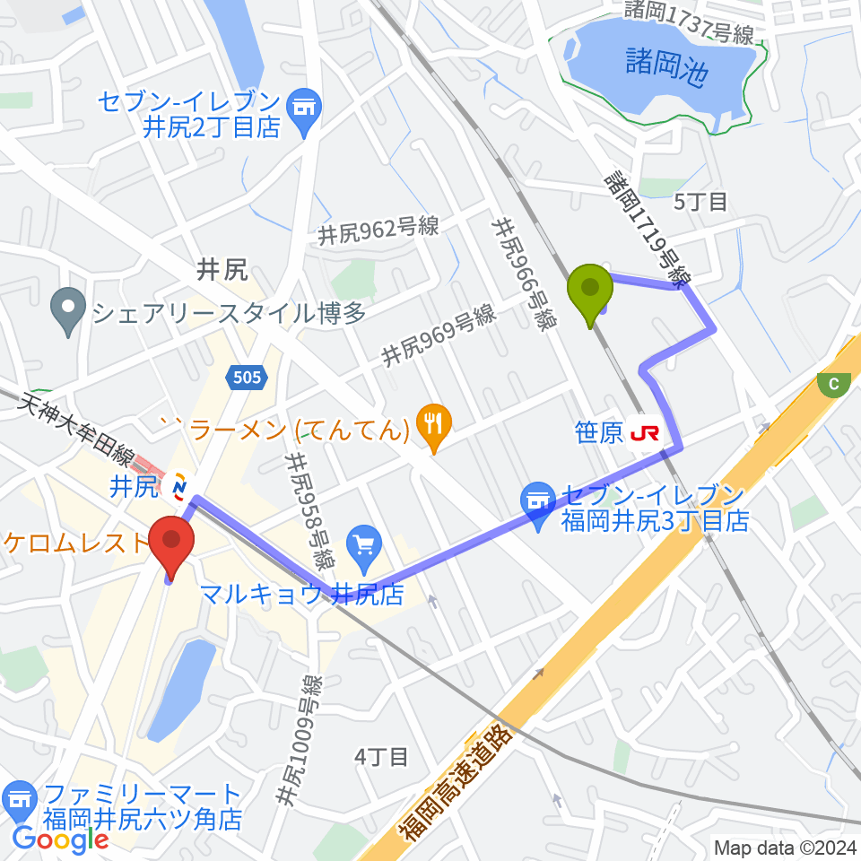 笹原駅からフカノ楽器店 井尻ピアノ教室へのルートマップ地図