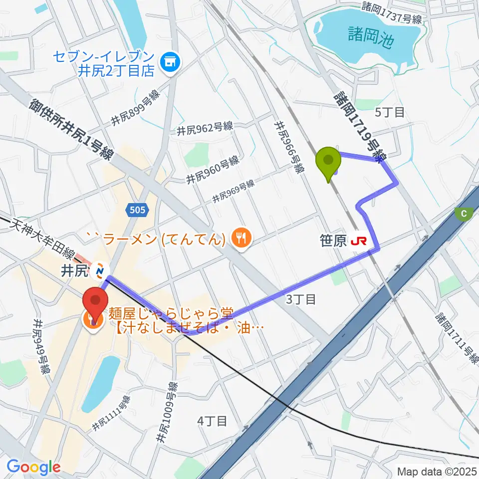 笹原駅からフカノ楽器店 井尻ピアノ教室へのルートマップ地図