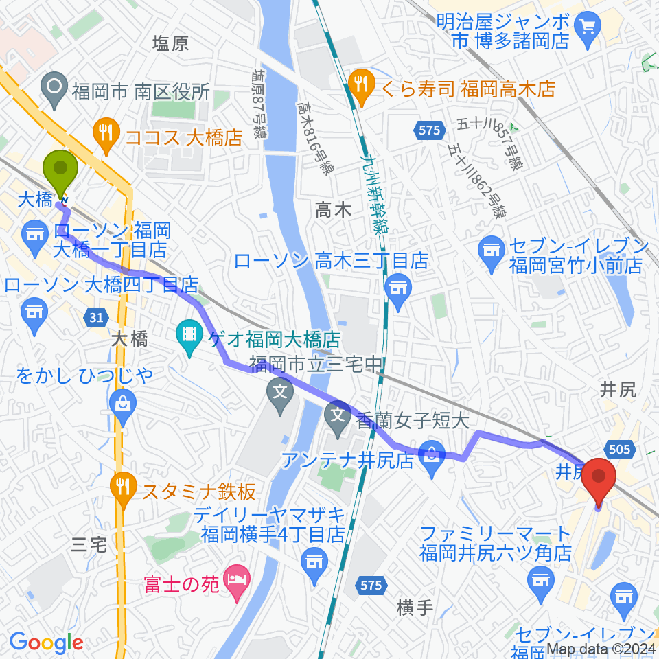 大橋駅からフカノ楽器店 井尻ピアノ教室へのルートマップ地図