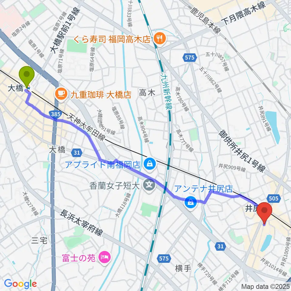 大橋駅からフカノ楽器店 井尻ピアノ教室へのルートマップ地図