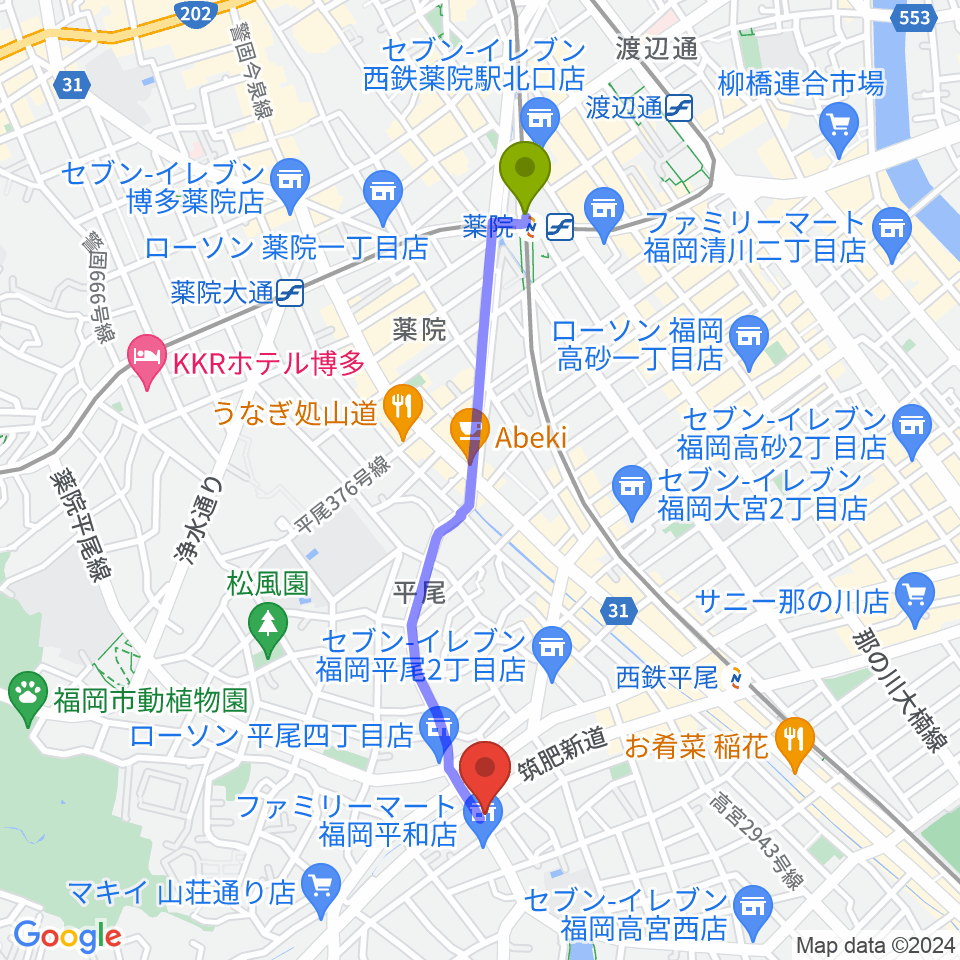 薬院駅からフカノ楽器店 平尾ピアノ教室へのルートマップ地図