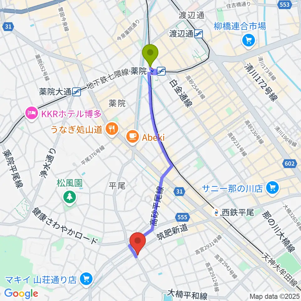 薬院駅からフカノ楽器店 平尾ピアノ教室へのルートマップ地図