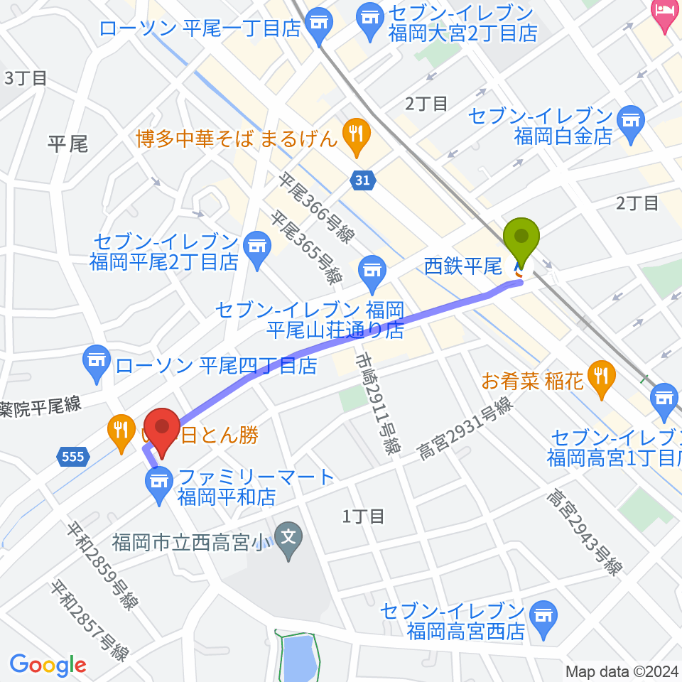 フカノ楽器店 平尾ピアノ教室の最寄駅西鉄平尾駅からの徒歩ルート（約10分）地図