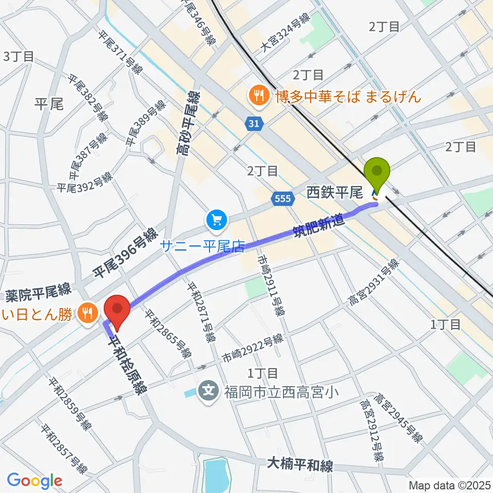 フカノ楽器店 平尾ピアノ教室の最寄駅西鉄平尾駅からの徒歩ルート（約10分）地図