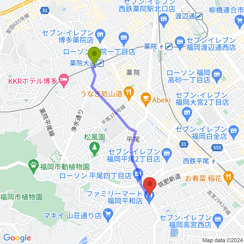 薬院大通駅からフカノ楽器店 平尾ピアノ教室へのルートマップ地図