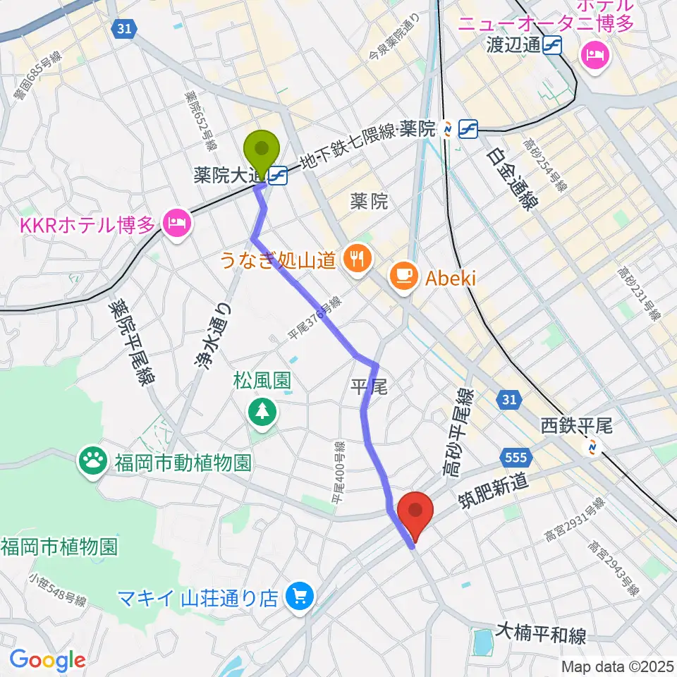 薬院大通駅からフカノ楽器店 平尾ピアノ教室へのルートマップ地図