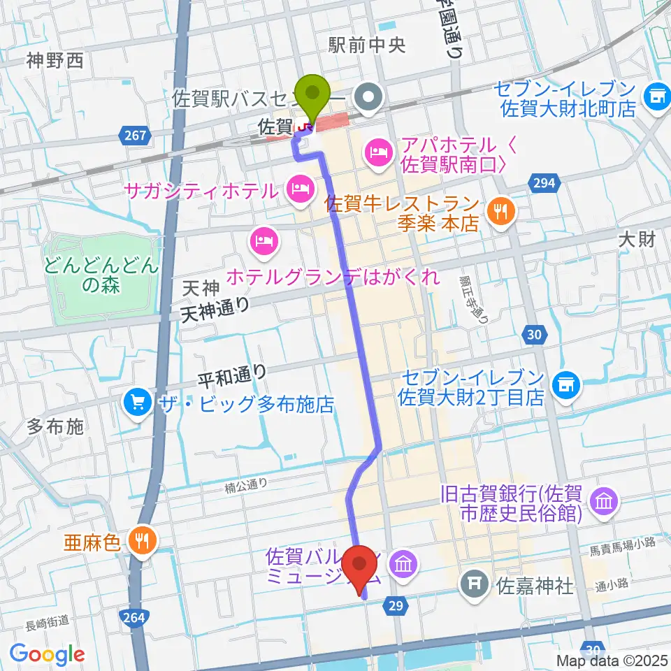 中央楽器ミュージックサロンの最寄駅佐賀駅からの徒歩ルート（約22分）地図