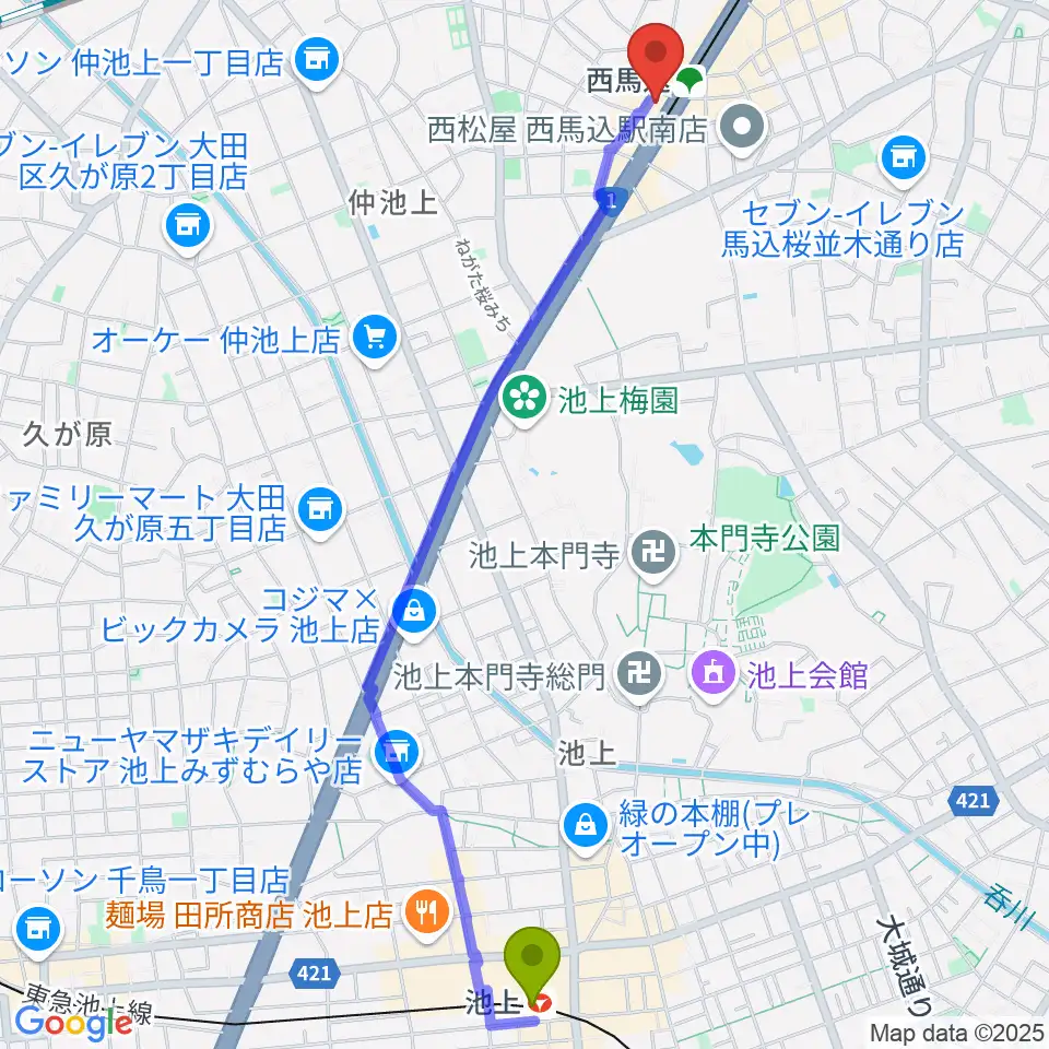 池上駅からライフコミュニティ西馬込 音楽スタジオへのルートマップ地図