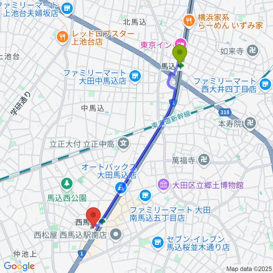 馬込駅からライフコミュニティ西馬込 音楽スタジオへのルートマップ地図