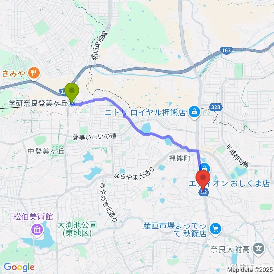 学研奈良登美ヶ丘駅から天理楽器 奈良店へのルートマップ地図