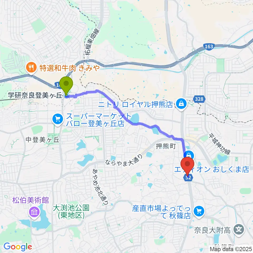 学研奈良登美ヶ丘駅から天理楽器 奈良店へのルートマップ地図