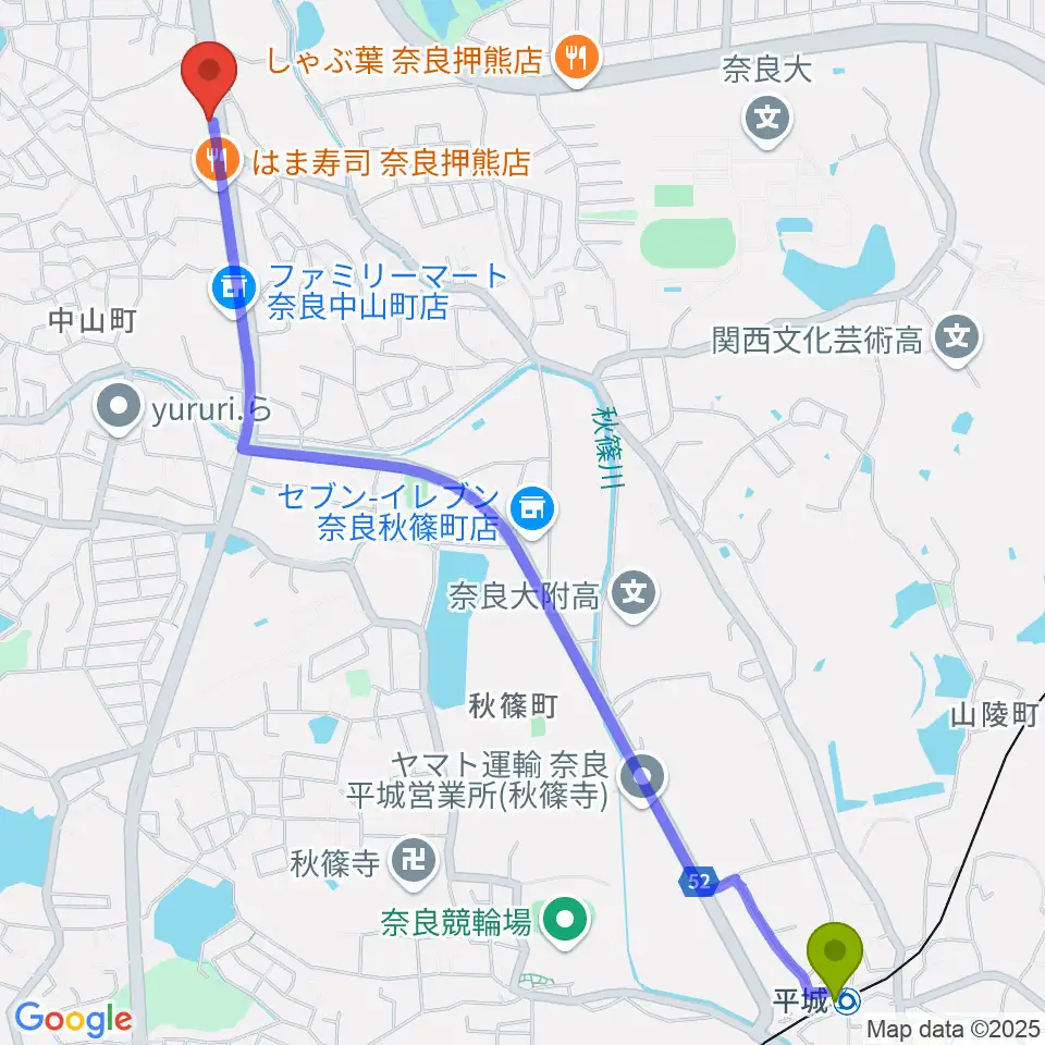 天理楽器 奈良店の最寄駅平城駅からの徒歩ルート（約32分）地図