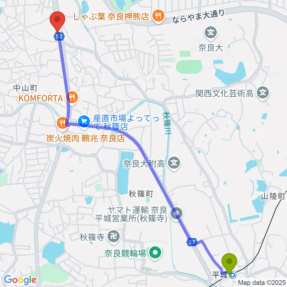 天理楽器 奈良店の最寄駅平城駅からの徒歩ルート（約32分）地図