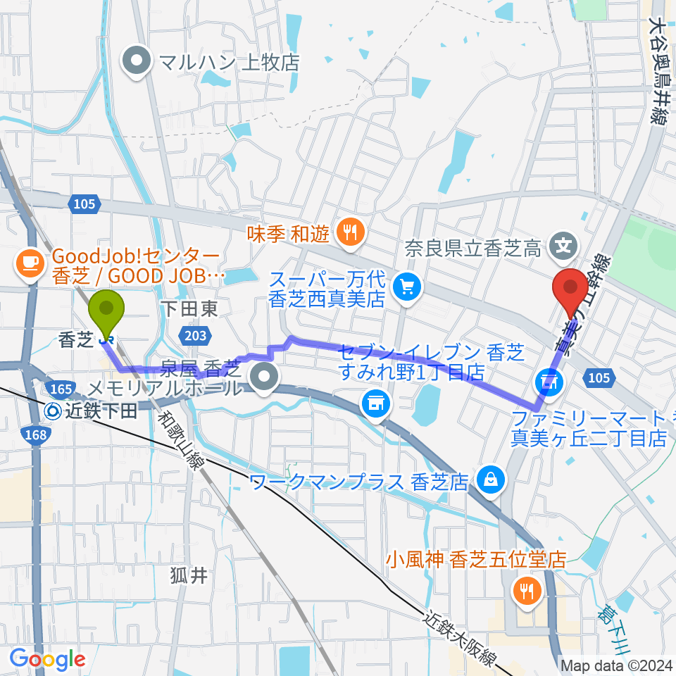 香芝駅から天理楽器 香芝店へのルートマップ地図