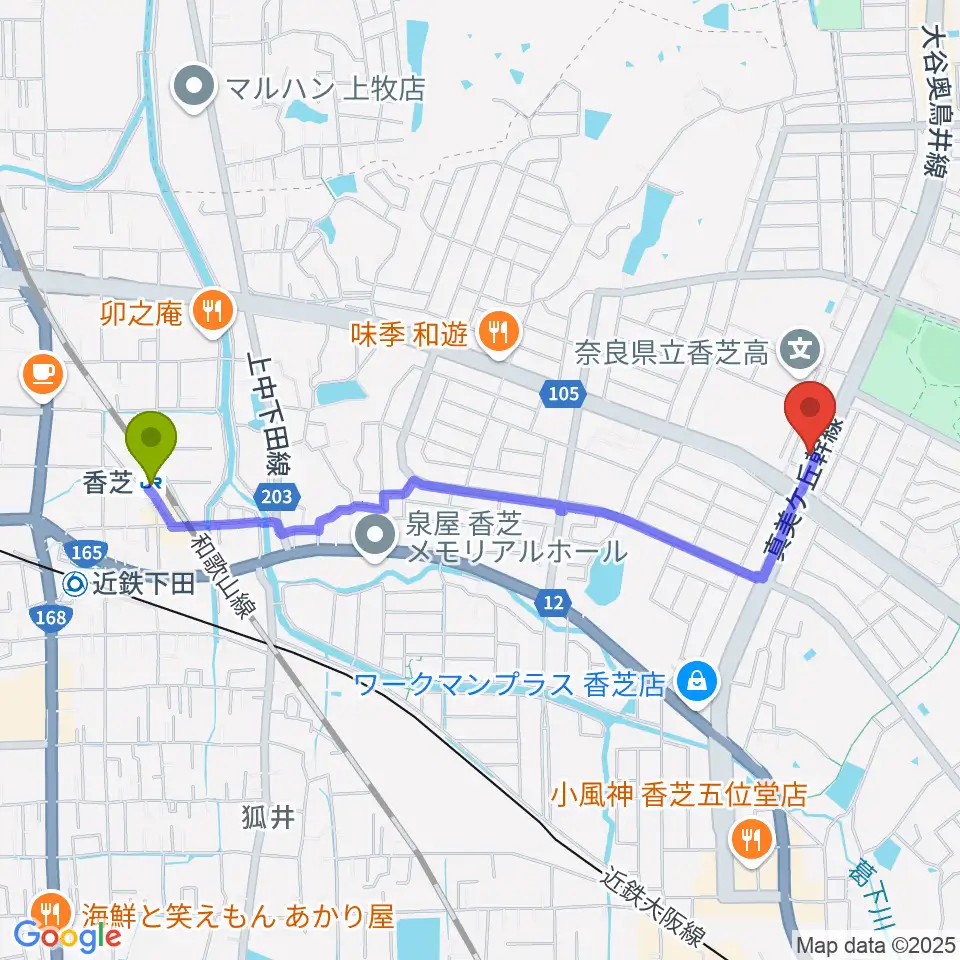 香芝駅から天理楽器 香芝店へのルートマップ地図
