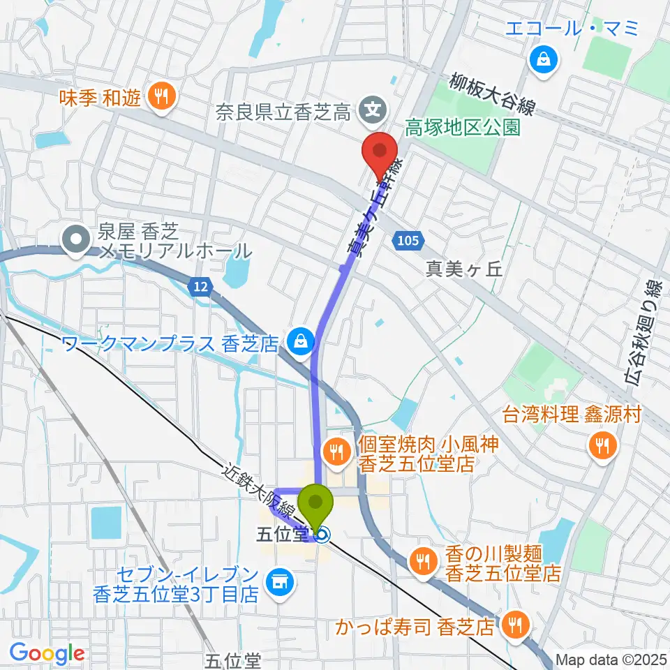 天理楽器 香芝店の最寄駅五位堂駅からの徒歩ルート（約17分）地図