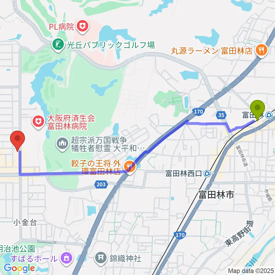 富田林駅から天理楽器 富田林店へのルートマップ地図