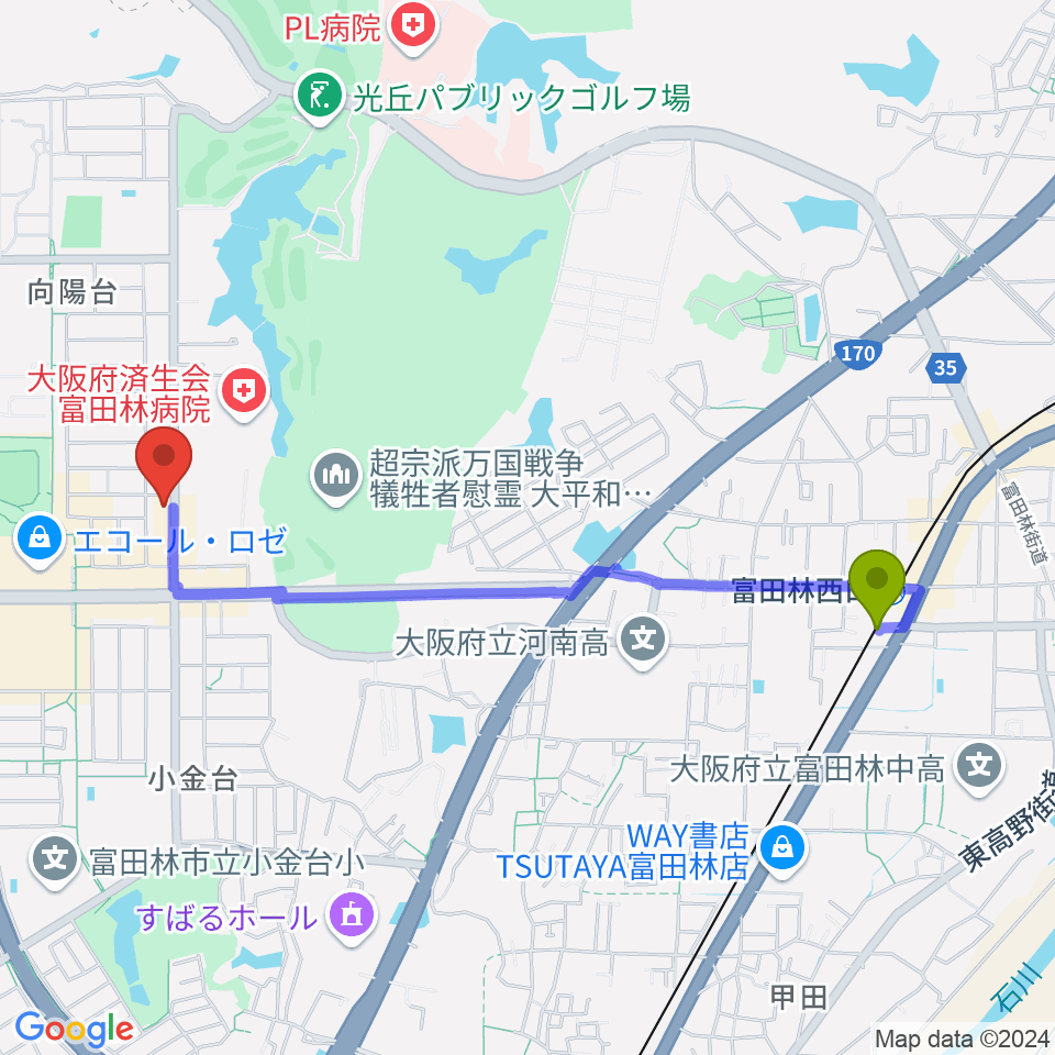 天理楽器 富田林店の最寄駅富田林西口駅からの徒歩ルート（約22分）地図