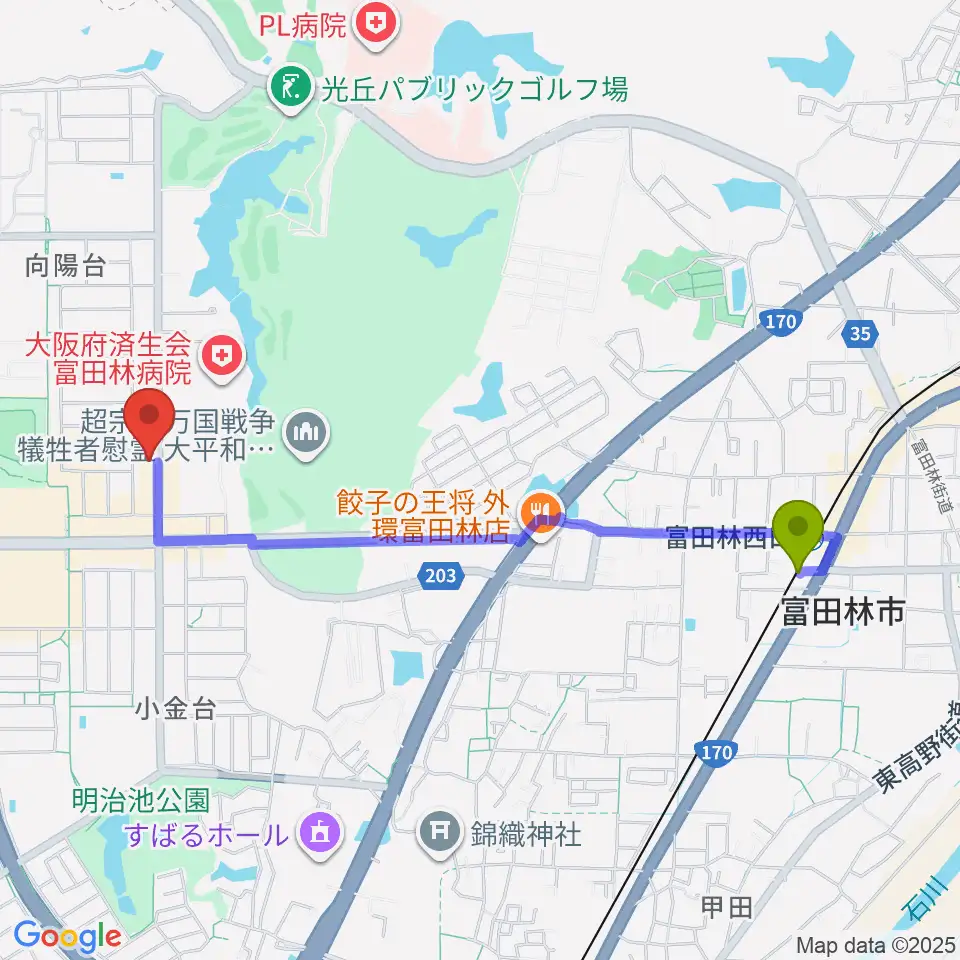 天理楽器 富田林店の最寄駅富田林西口駅からの徒歩ルート（約22分）地図