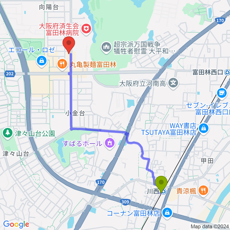 川西駅から天理楽器 富田林店へのルートマップ地図