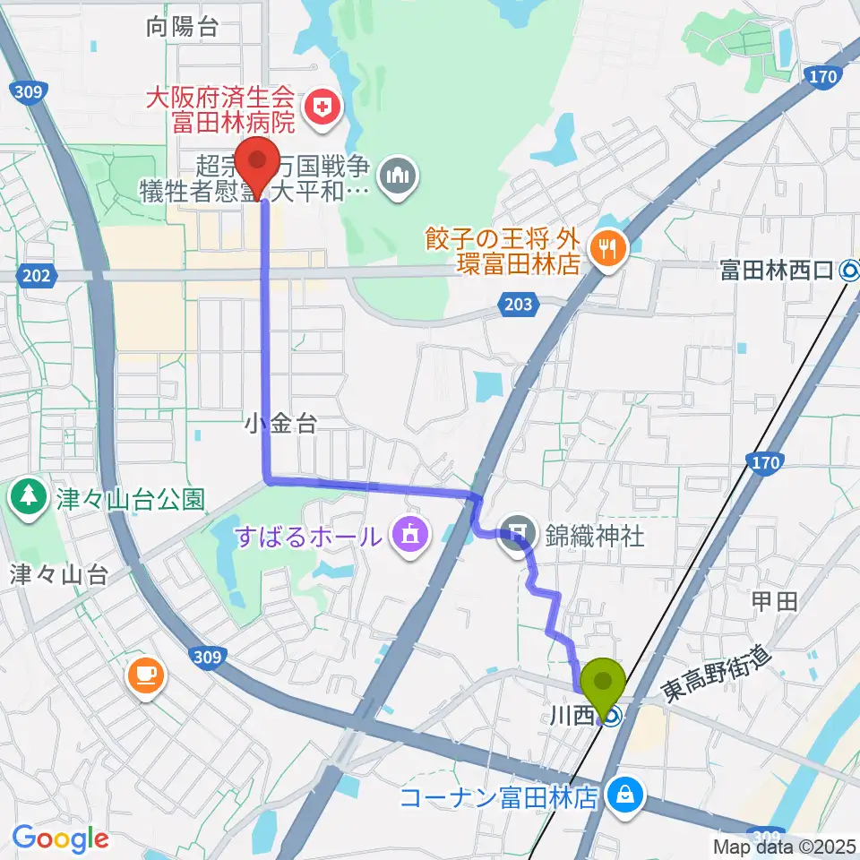 川西駅から天理楽器 富田林店へのルートマップ地図
