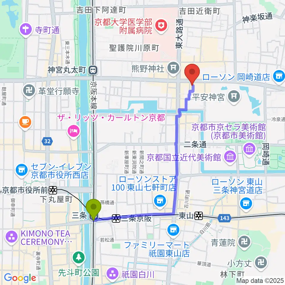 三条駅からジャズスポットヤマトヤへのルートマップ地図