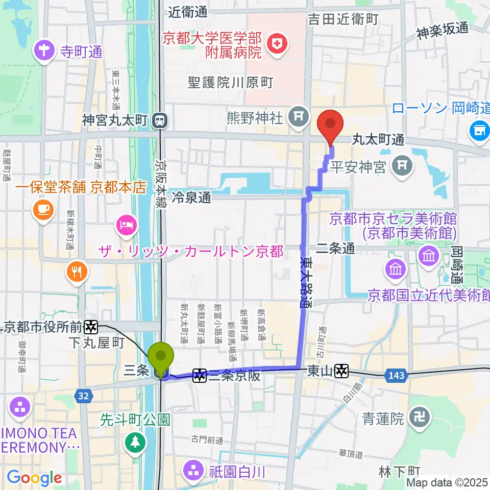 三条駅からジャズスポットヤマトヤへのルートマップ地図