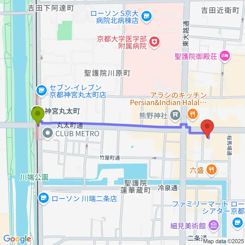 ジャズスポットヤマトヤの最寄駅神宮丸太町駅からの徒歩ルート（約11分）地図