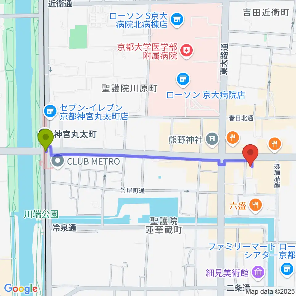 ジャズスポットヤマトヤの最寄駅神宮丸太町駅からの徒歩ルート（約11分）地図