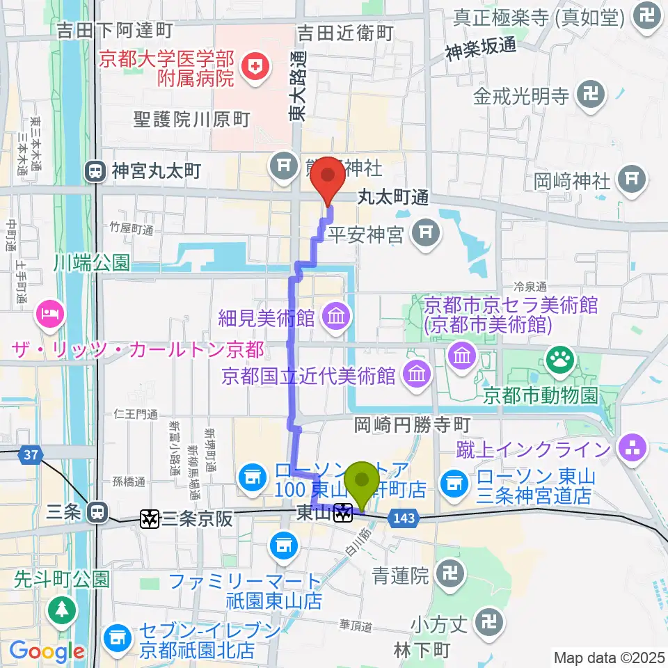 東山駅からジャズスポットヤマトヤへのルートマップ地図