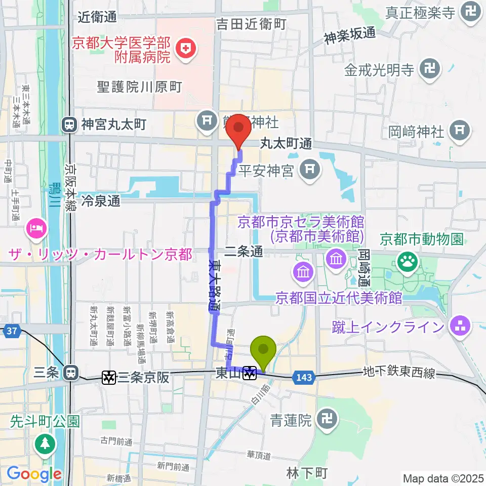 東山駅からジャズスポットヤマトヤへのルートマップ地図