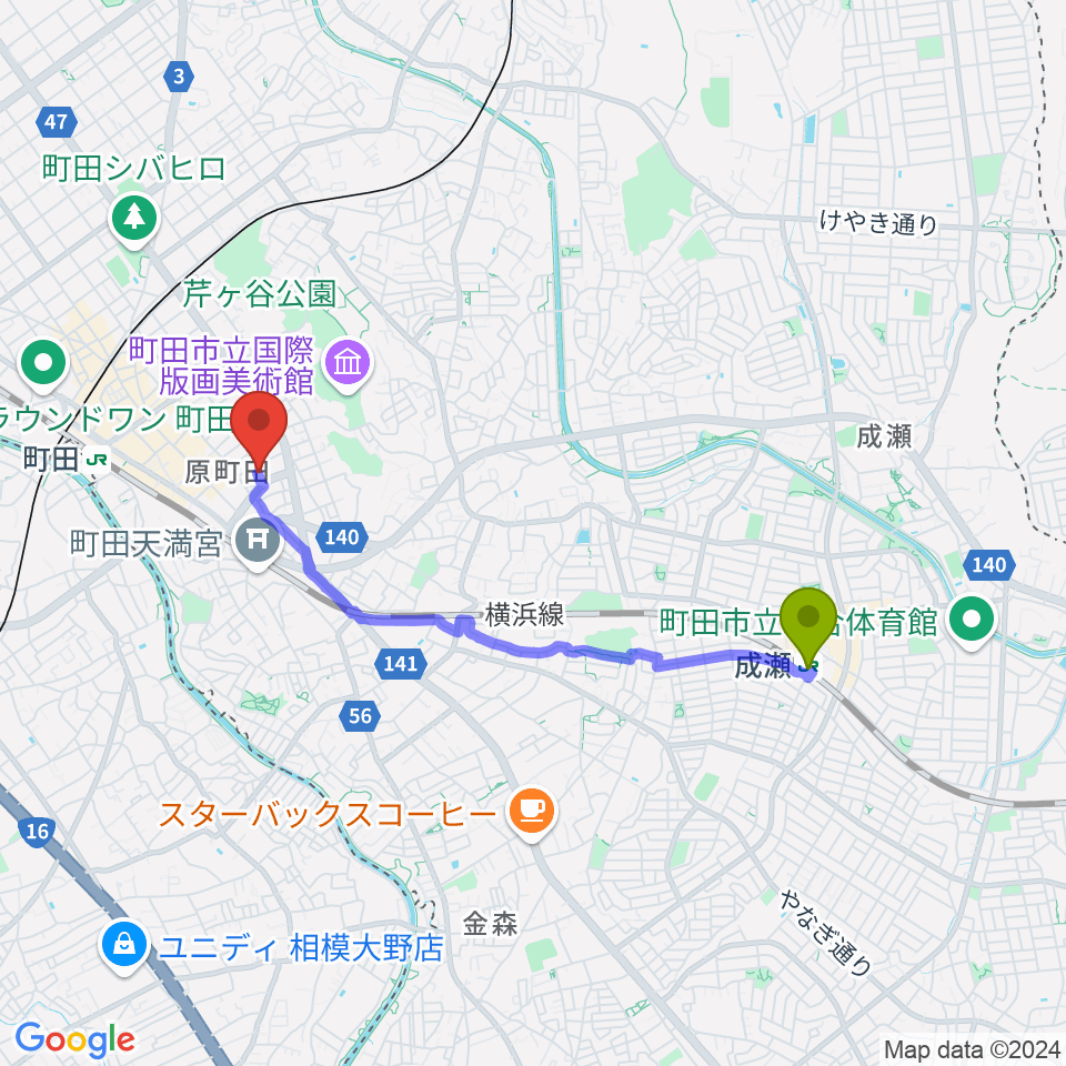 成瀬駅から町田ミュージックサロンフォーボイスへのルートマップ地図